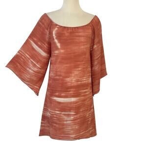 Alice + Olivia Silk Off-The-Shoulder Mini Shift Dress Flared Sleeves Coral S